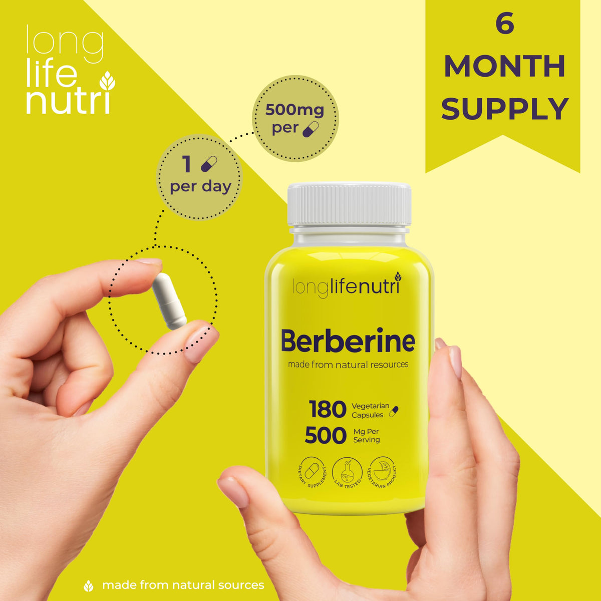 LongLifeNutri Berberine 500mg HCL Extract - 180 Vegetarian Capsules - image 5