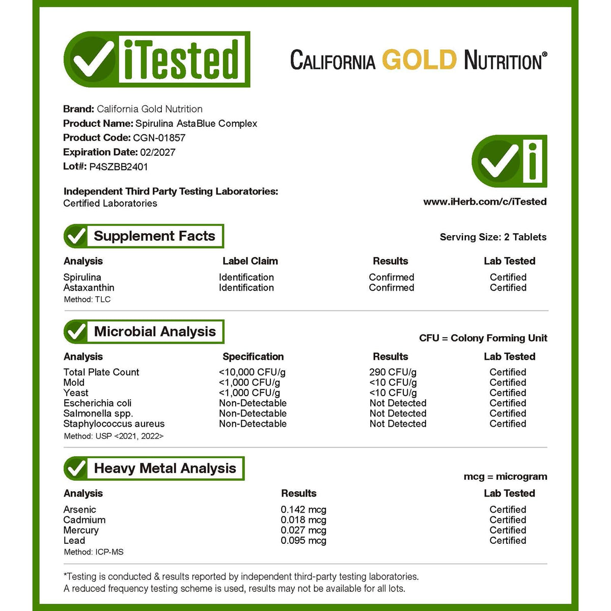 California Gold Nutrition Spirulina AstaBlue Complex - 60 Tablets - image 4