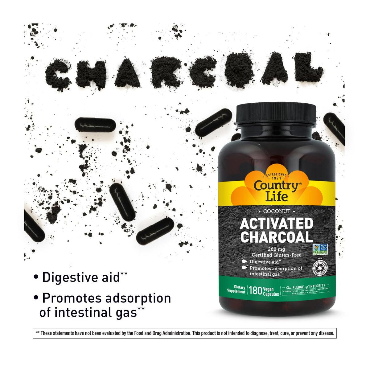 Country Life Coconut Activated Charcoal 260 mg - 180 Vegan Capsules - image 4