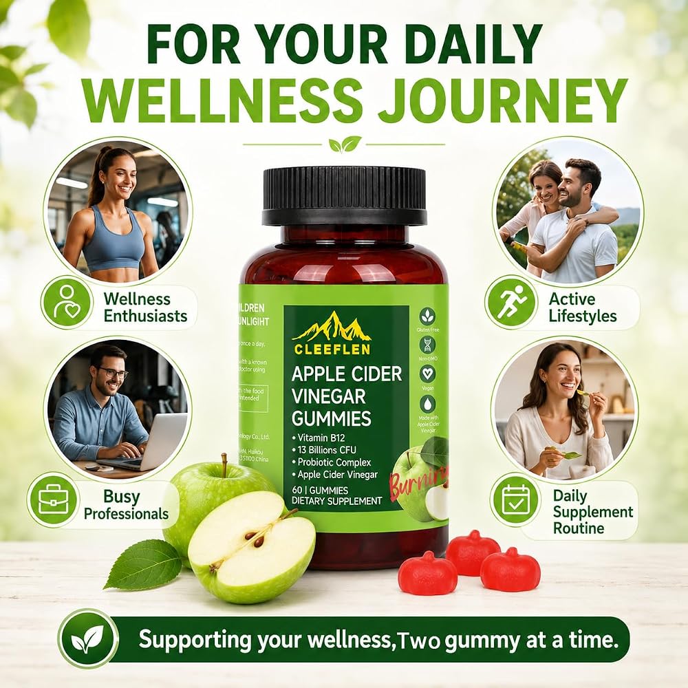 CLEEFLEN Apple Cider Vinegar Gummies with B12 & Probiotics - 60 Count - image 5