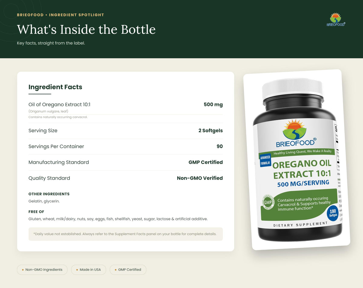 Brieofood Oregano Oil 10:1 Extract 500 mg - 180 Softgels - image 3