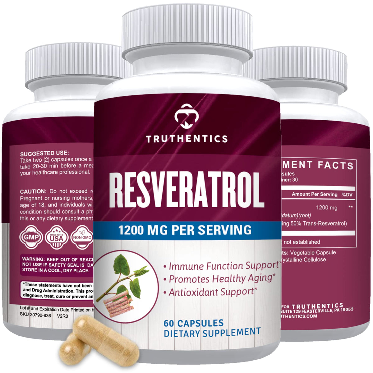 TRUTHENTICS Resveratrol Supplement 1200mg - 60 Vegan Capsules