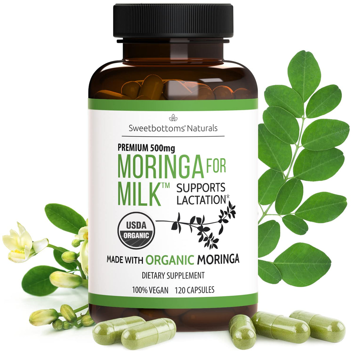 Sweetbottoms Organic Moringa Capsules for Breastfeeding Support - 120 Capsules