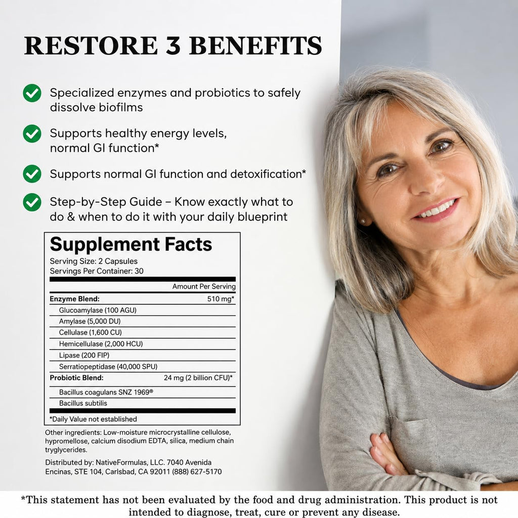 Native Formulas Restore 3 Proteolytic Enzyme & Spore Probiotic - 60 Capsules - image 3