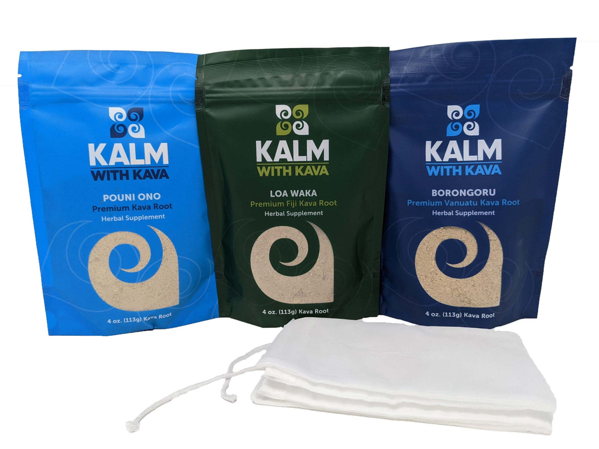 KALM Kava Sample Pack Plus Strainers - 3 x 4 oz
