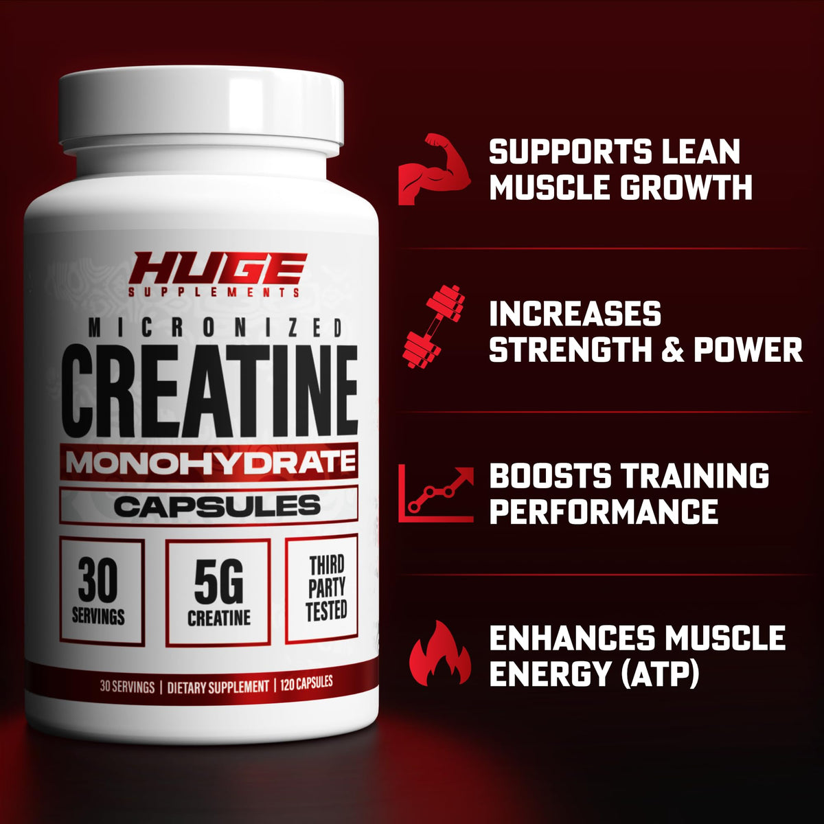 Huge Supplements Creatine Monohydrate 5g - 120 Capsules - image 3