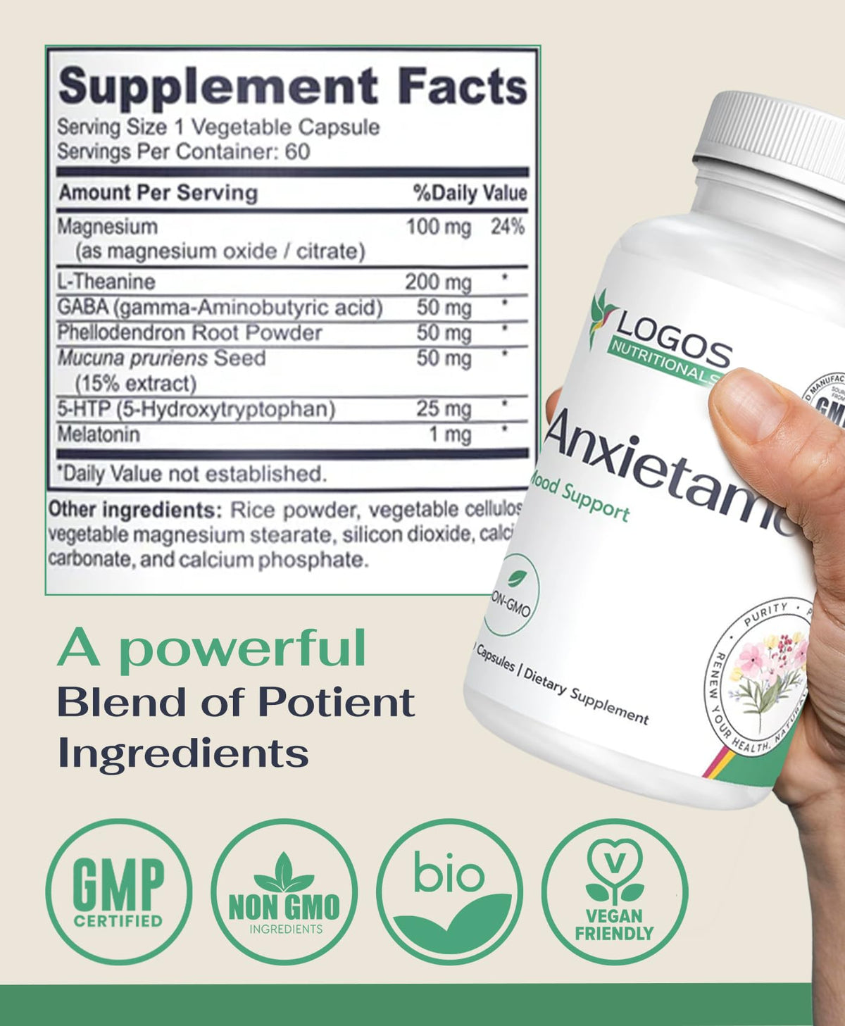 Logos Nutritionals Anxietame L-Theanine Stress Support - 60 Capsules - image 2