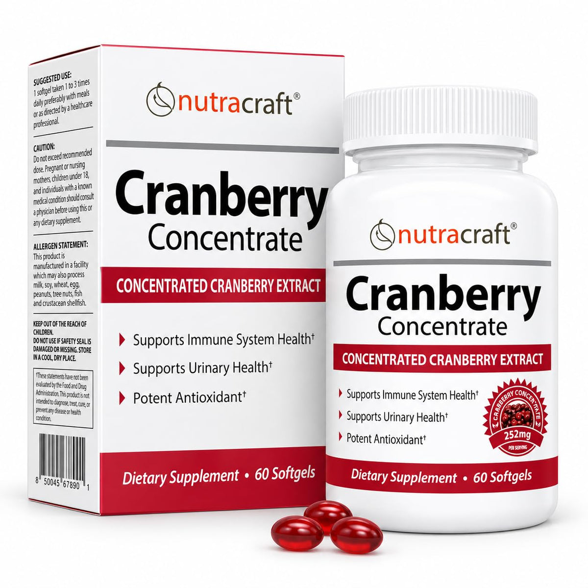 Nutracraft Cranberry Extract Supplement 50:1 with Vitamin C & E - 60 Softgels