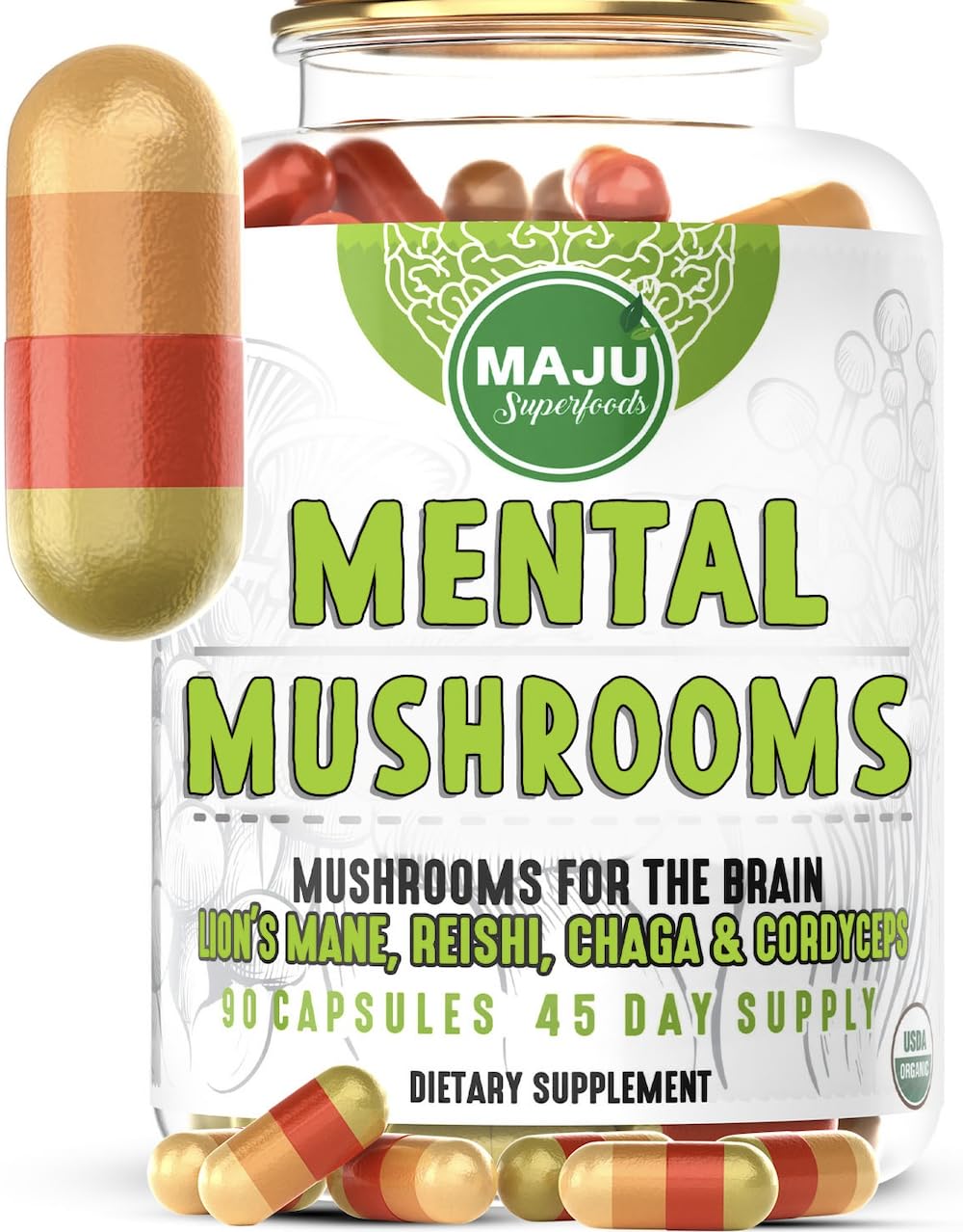Maju Superfoods MENTAL Mushroom Capsules Organic Extract - 90 Count