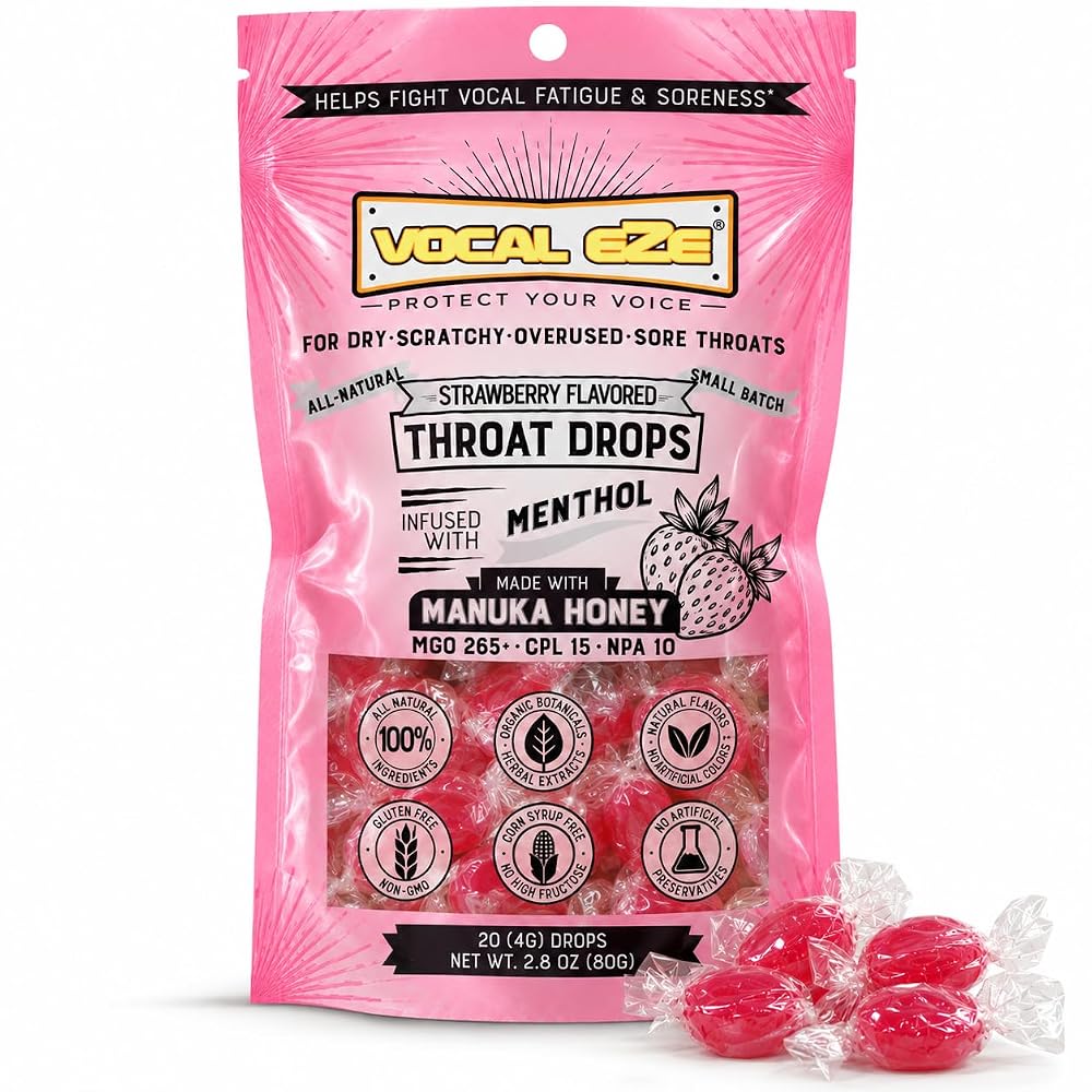 Vocal Eze Manuka Honey Strawberry Menthol Cough Drops - 20 Lozenges