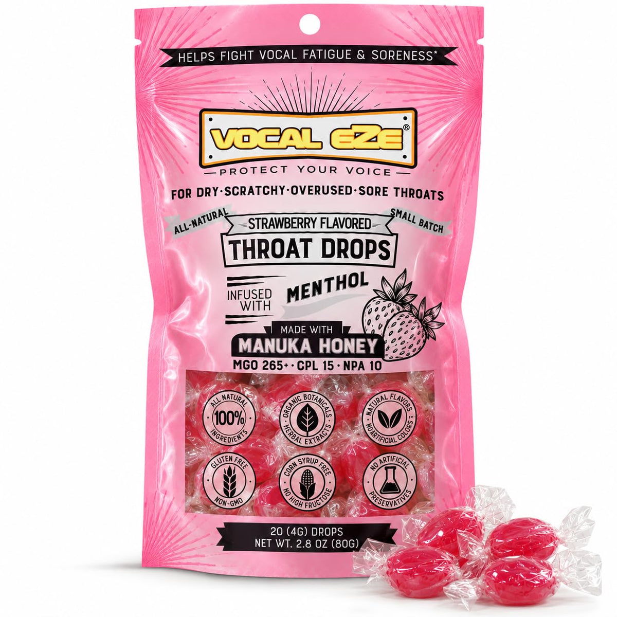 Vocal Eze Manuka Honey Strawberry Menthol Cough Drops - 20 Lozenges