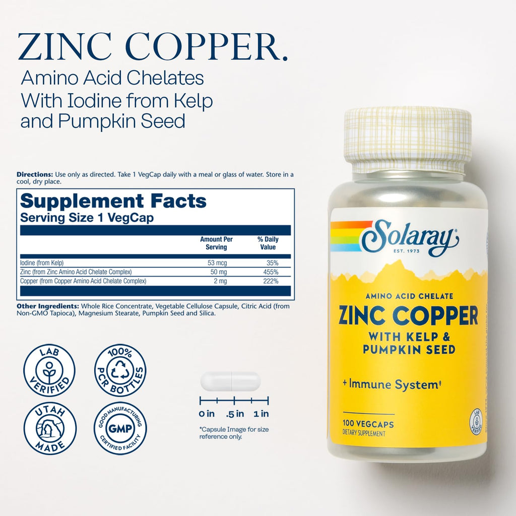SOLARAY Zinc Copper Amino Acid Chelate - 100 Vegetarian Capsules - image 2