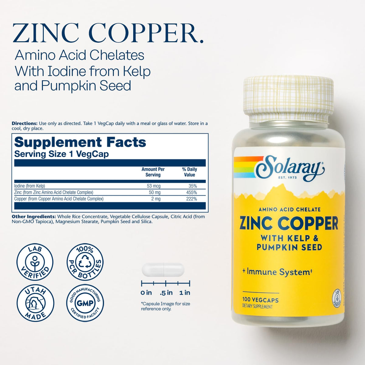SOLARAY Zinc Copper Amino Acid Chelate - 100 Vegetarian Capsules - image 2