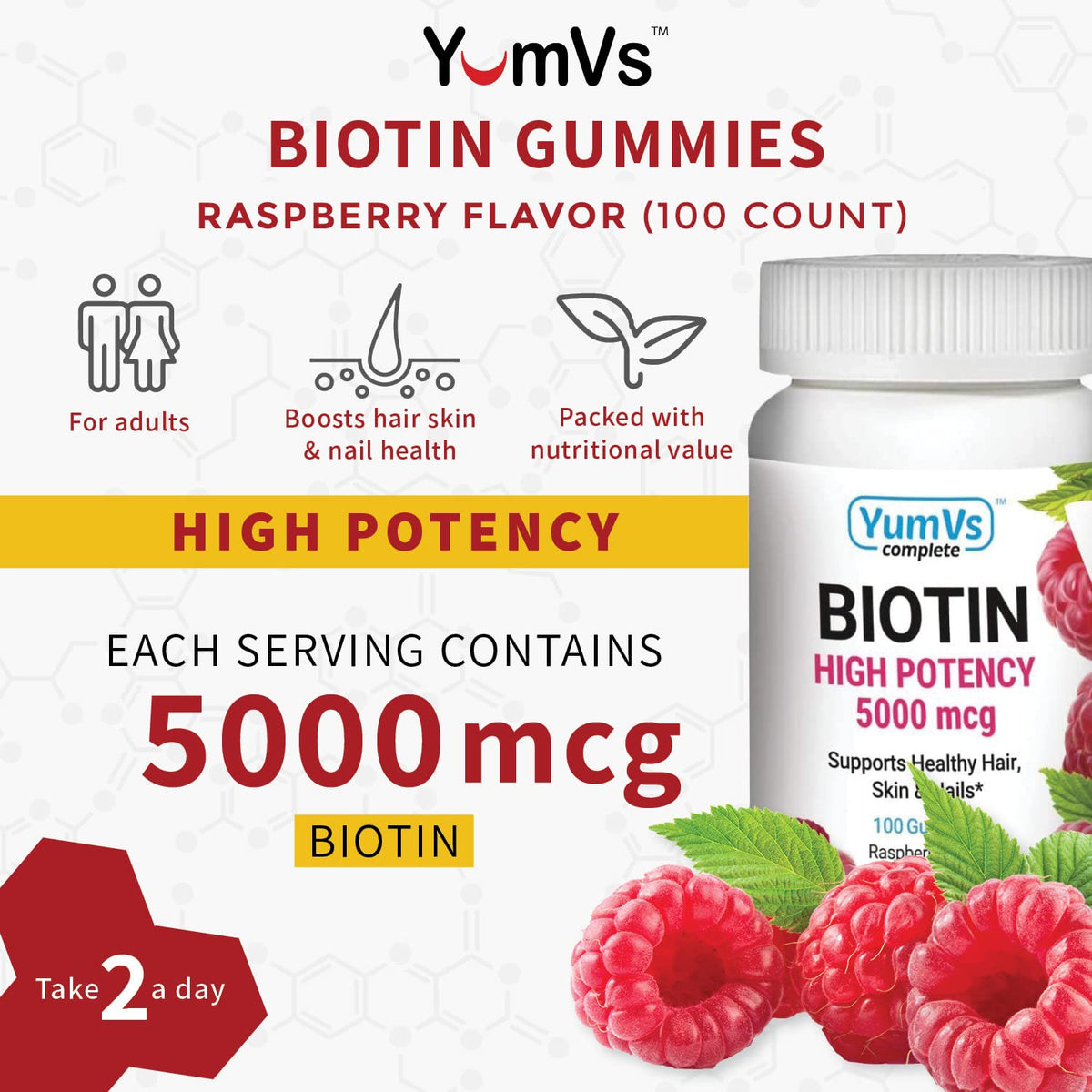YUM-V'S Biotin Gummies 5,000 mcg Raspberry - 100 Count - image 2