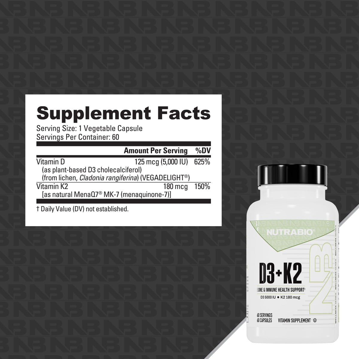NutraBio Vitamin D3 K2 5000 IU Bone & Heart Support - 60 Vegetable Capsules - image 2