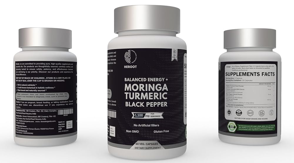 Heroot Organic Turmeric with Black Pepper & Moringa 1000 mg - 60 Capsules - image 4