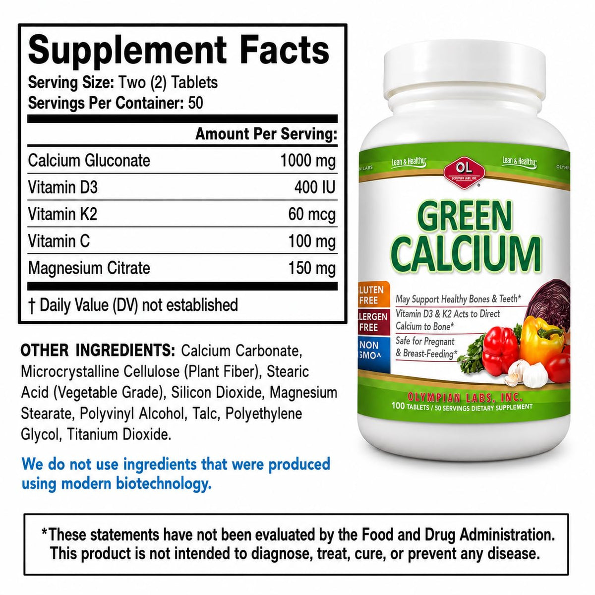 Olympian Labs Calcium Plus Magnesium with Vitamin D3 & K2 - 100 Tablets - image 2