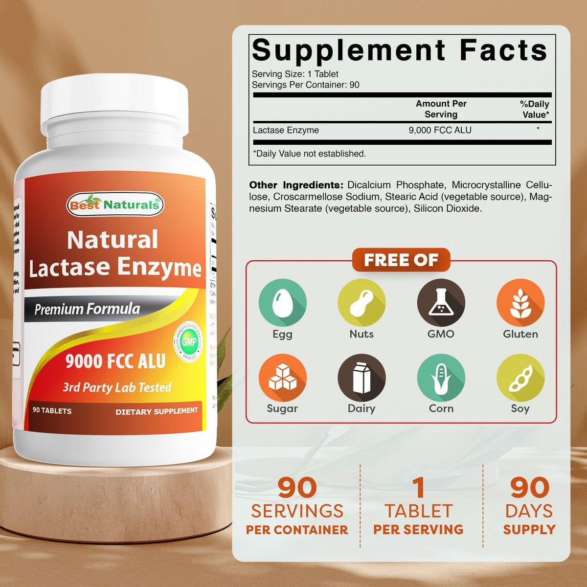 Best Naturals Lactase Enzyme 9000 FCC ALU - 90 Tablets - image 2