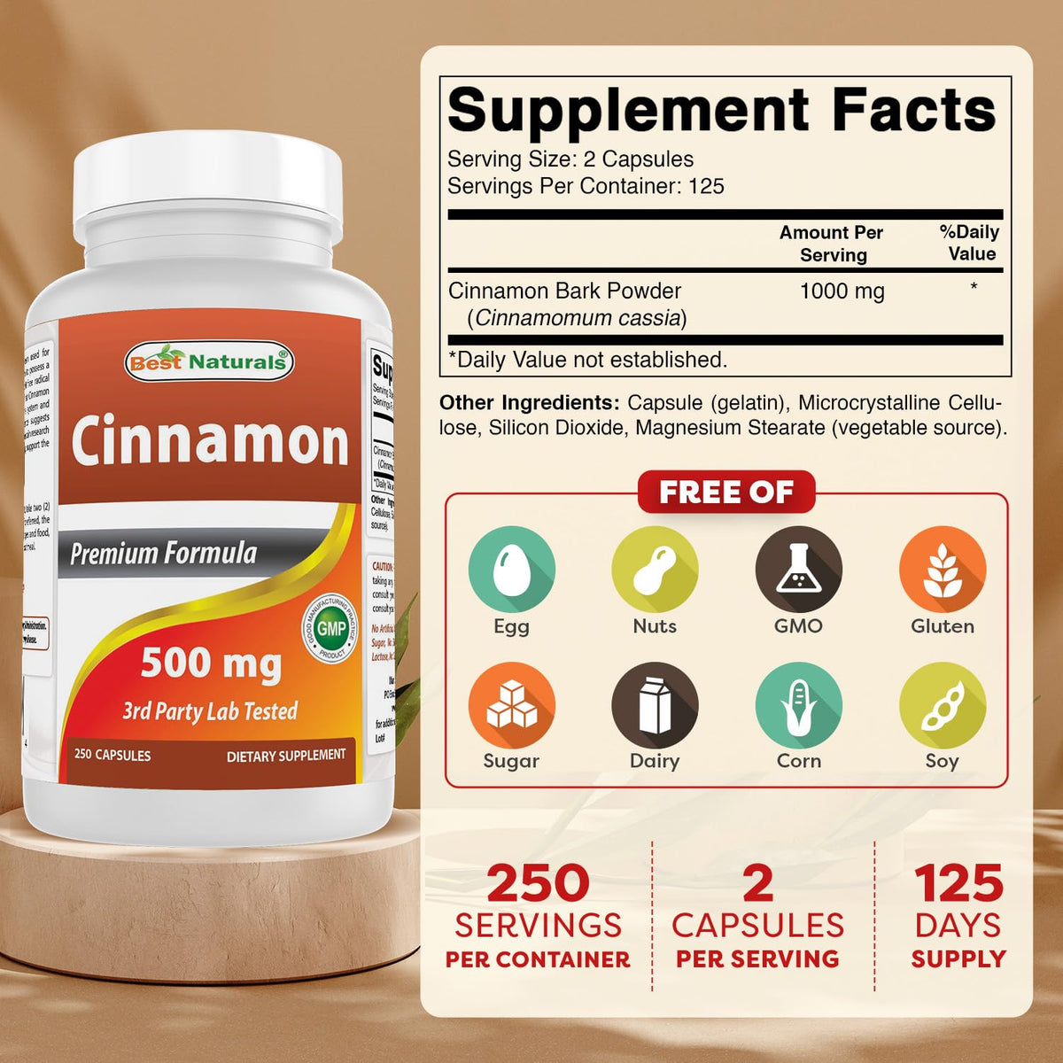 Best Naturals Cinnamon 500 mg - 250 Capsules - image 2
