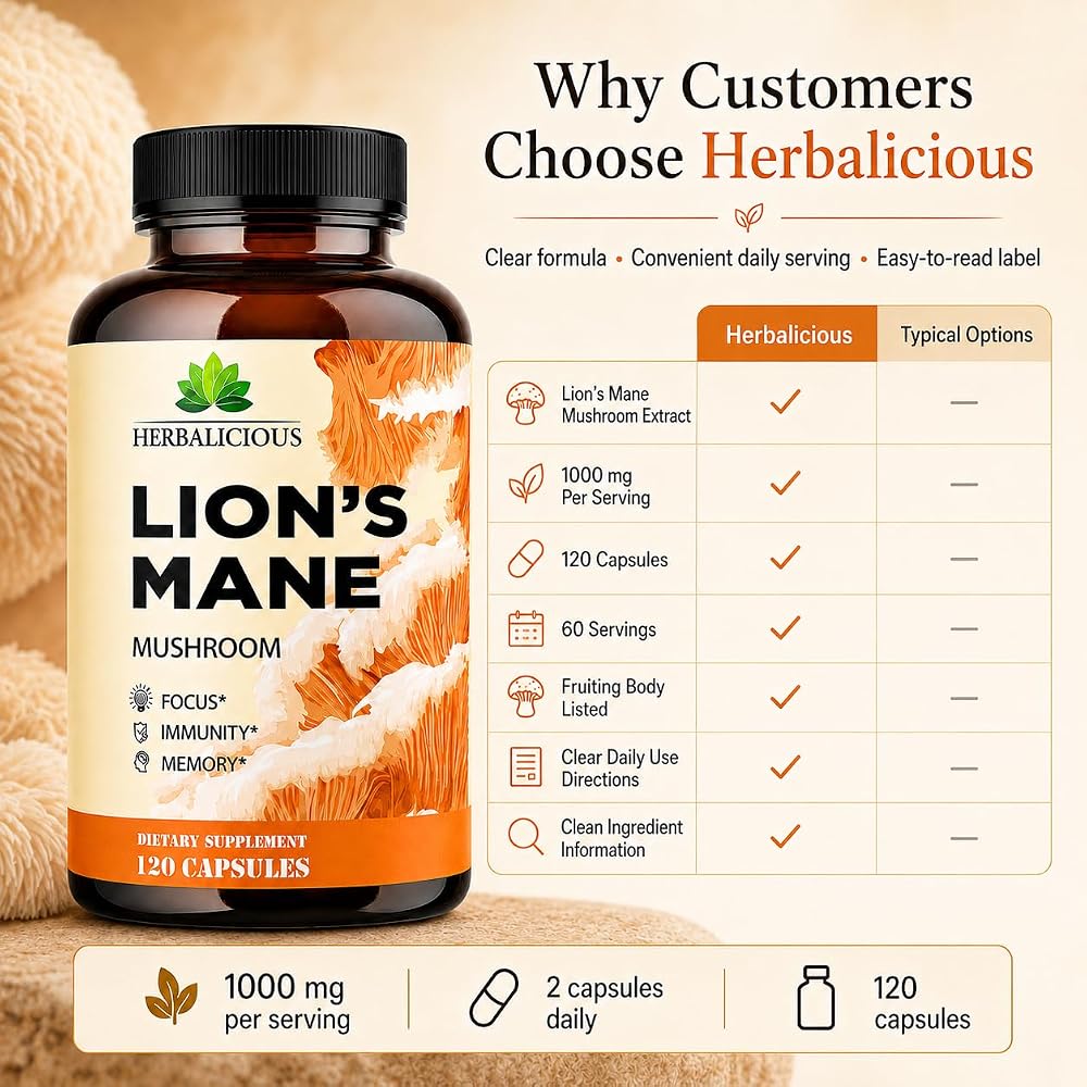 HERBALICIOUS Lion's Mane Supplement Capsules for Memory & Focus - 120 Capsules - image 7