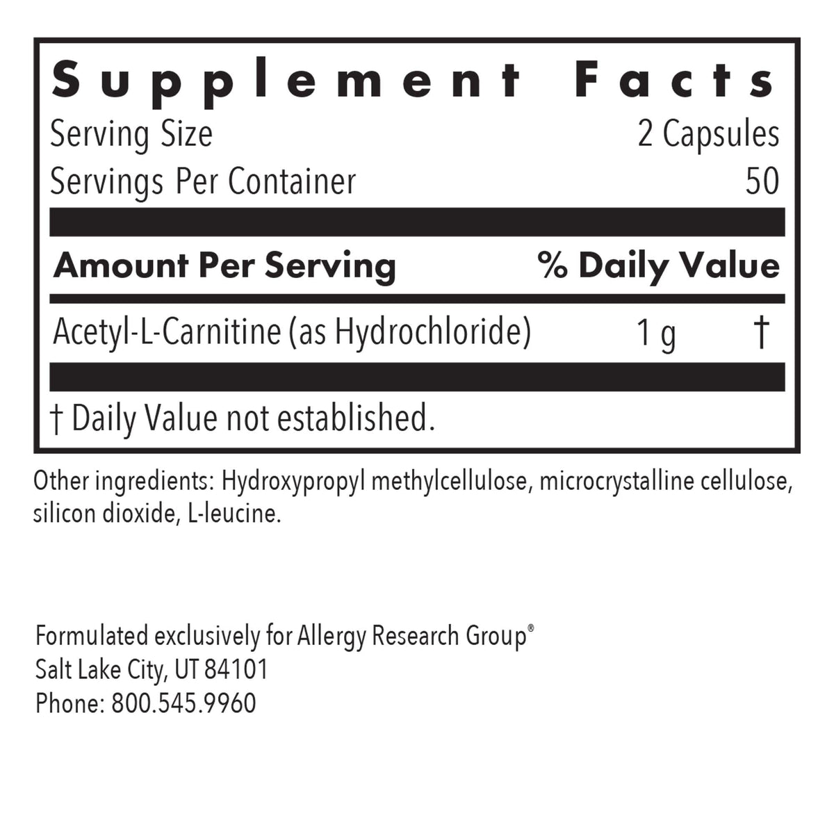 Allergy Research Group Acetyl L-Carnitine 500 mg - 100 Capsules - image 3