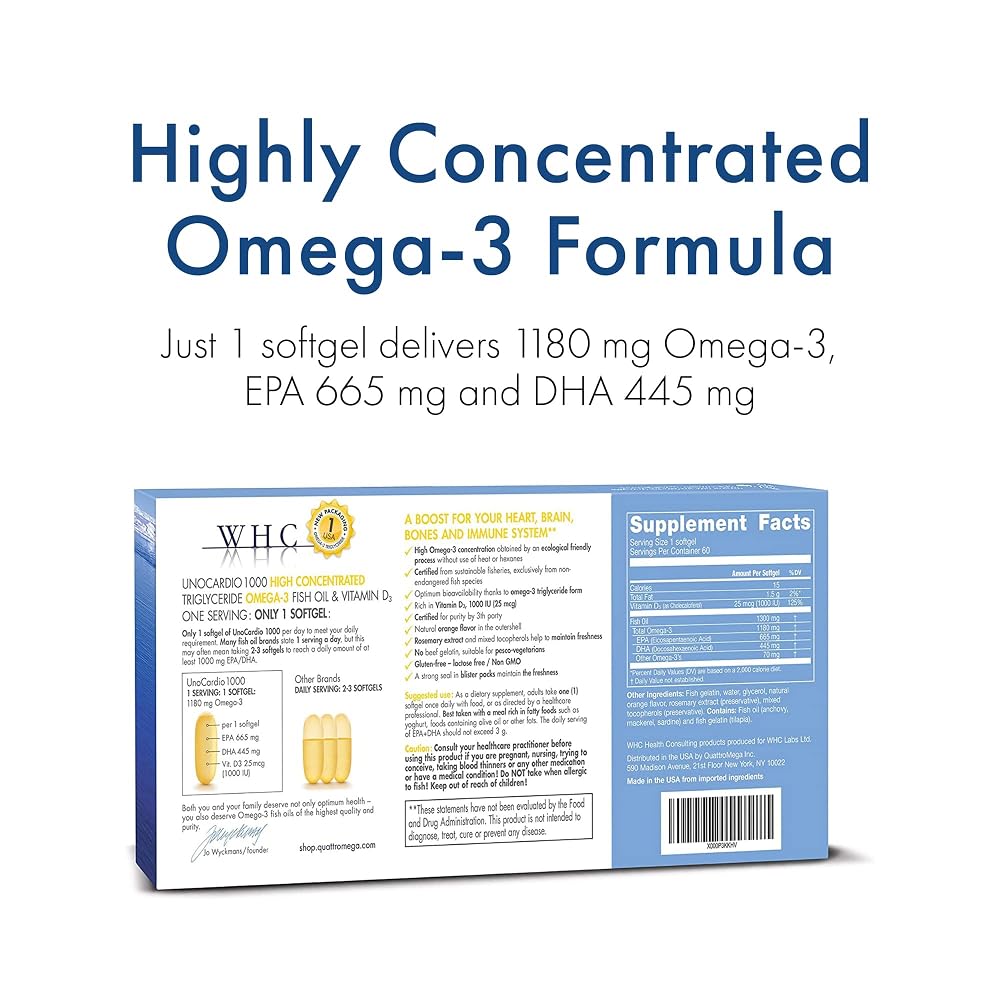 WHC UnoCardio 1000 Omega-3 Fish Oil with D3 - 60 Softgels - image 2