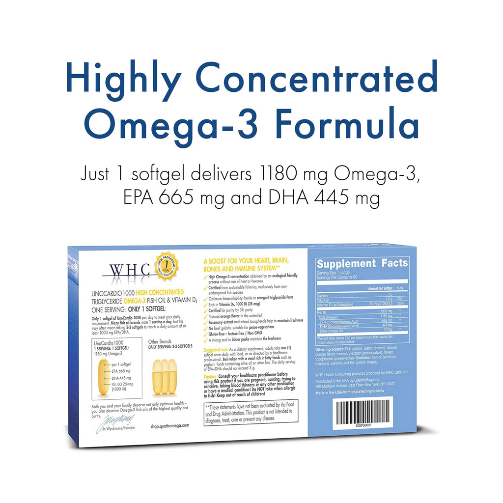 WHC UnoCardio 1000 Omega-3 Fish Oil with D3 - 60 Softgels - image 2