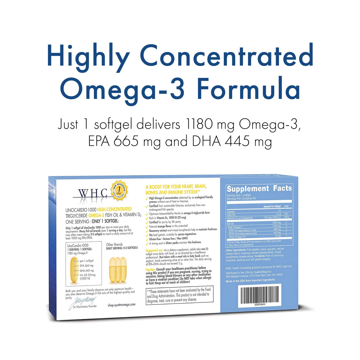 WHC UnoCardio 1000 Omega-3 Fish Oil with D3 - 60 Softgels - image 2