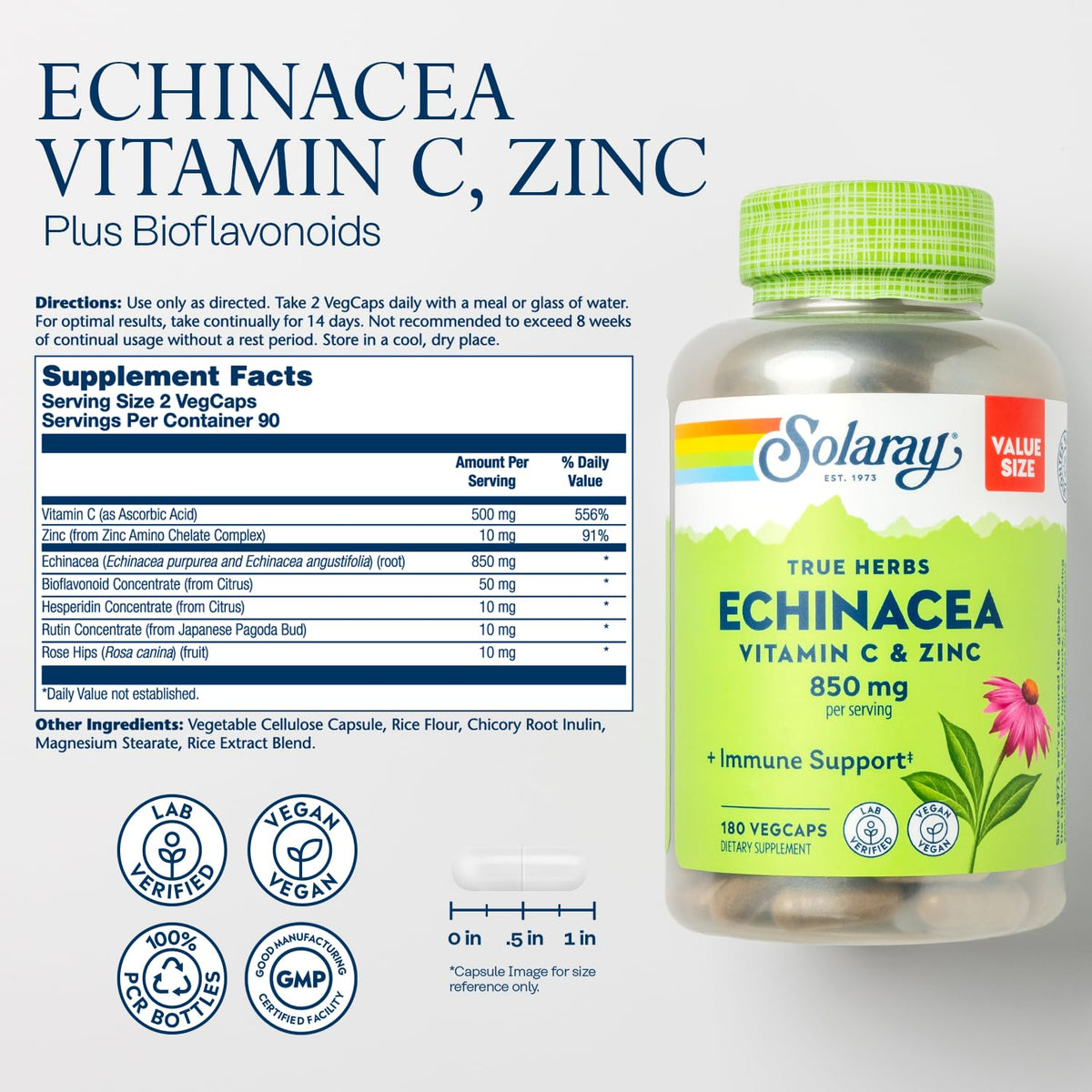 SOLARAY Echinacea with Vitamin C & Zinc Immune Support - 180 Vegetarian Capsules - image 2