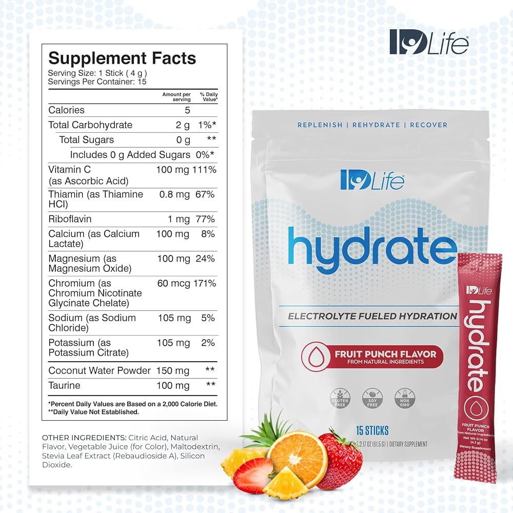 IDLife Hydrate Electrolyte Replacement Powder Fruit Punch - 15 Sticks - image 2