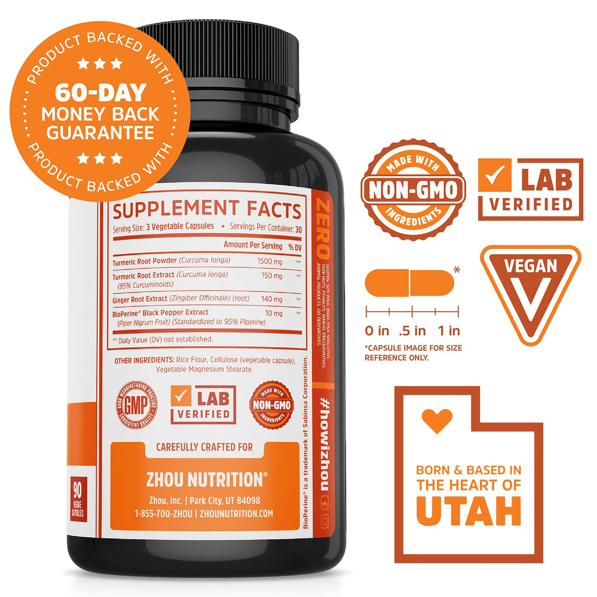 ZHOU Turmeric Curcumin with Ginger - 90 Vegetarian Capsules - image 2