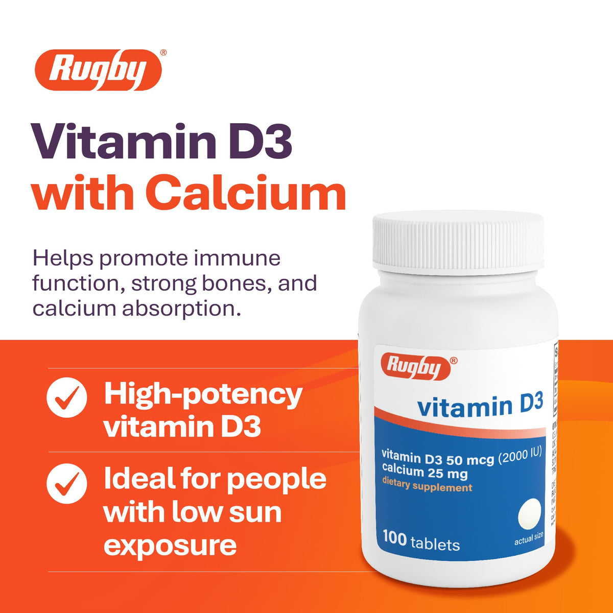 Rugby Vitamin D3 2000 IU with Calcium - 100 Tablets - image 3
