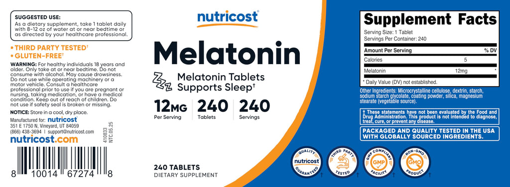 Nutricost Melatonin 12mg Sleep Support - 240 Tablets - image 5