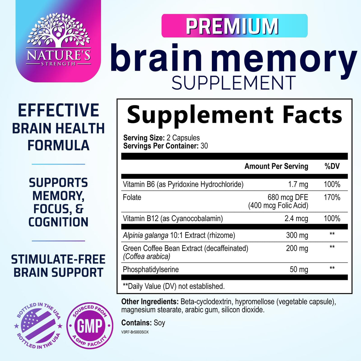 Nature's Strength Brain Memory Supplement Nootropics - 60 Capsules - image 2