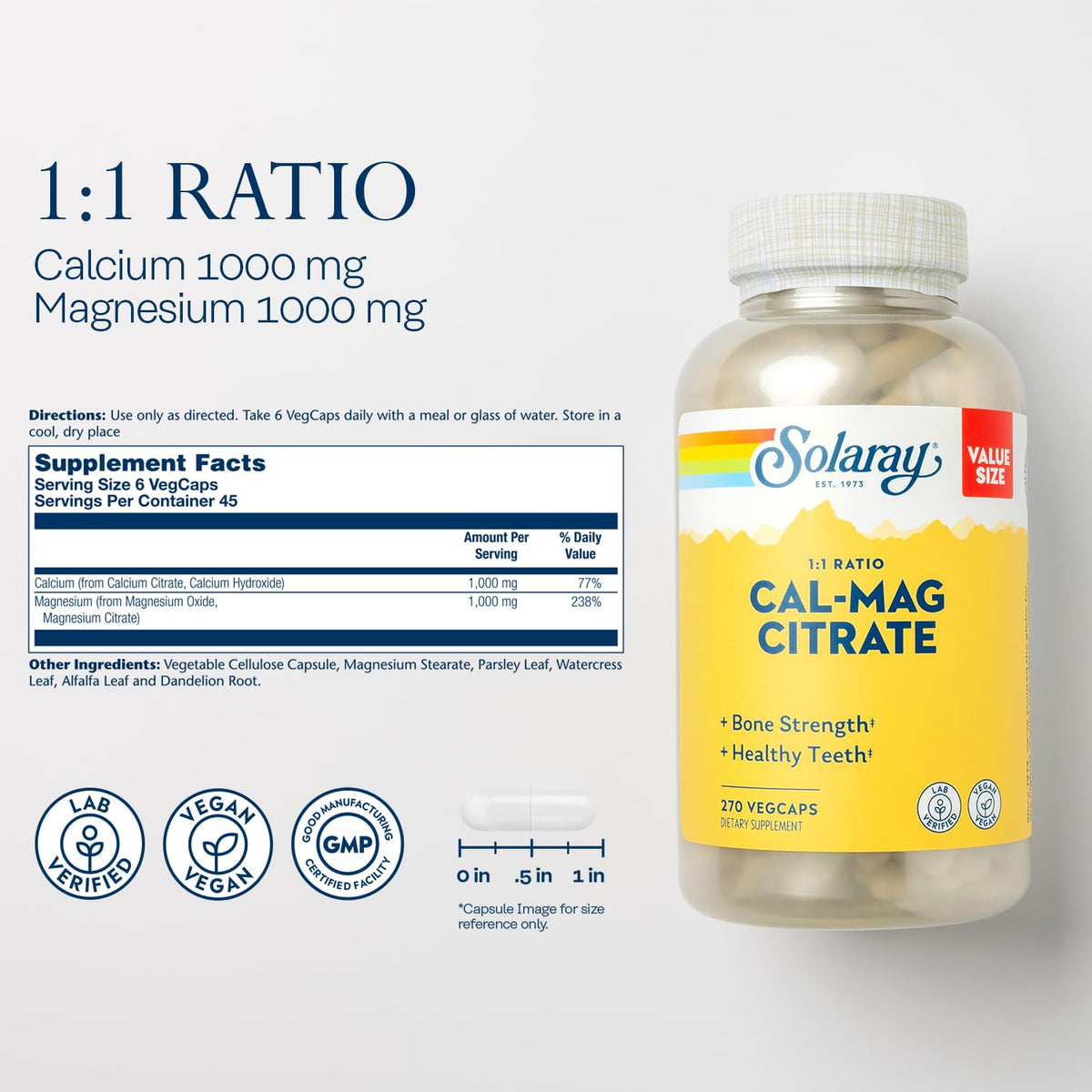 Solaray Calcium Magnesium Citrate 1000mg Bone Strength - 270 Vegetarian Capsules - image 2