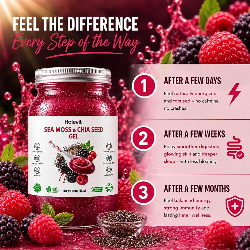 Halevit Sea Moss Gel with Chia Seeds, Berry Flavor - 16 oz - image 3