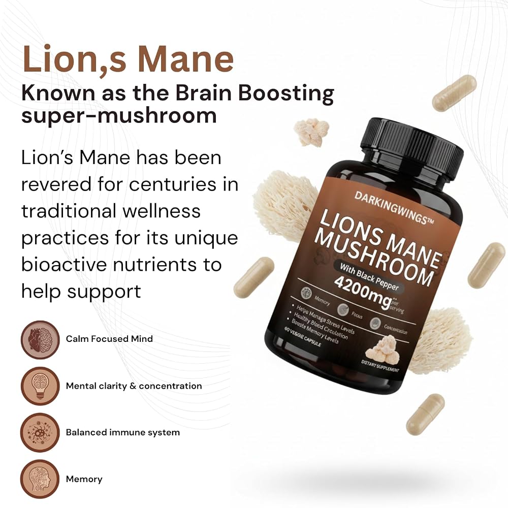 Darkingwings Lion's Mane Mushroom Supplement for Focus - 60 Capsules - image 3