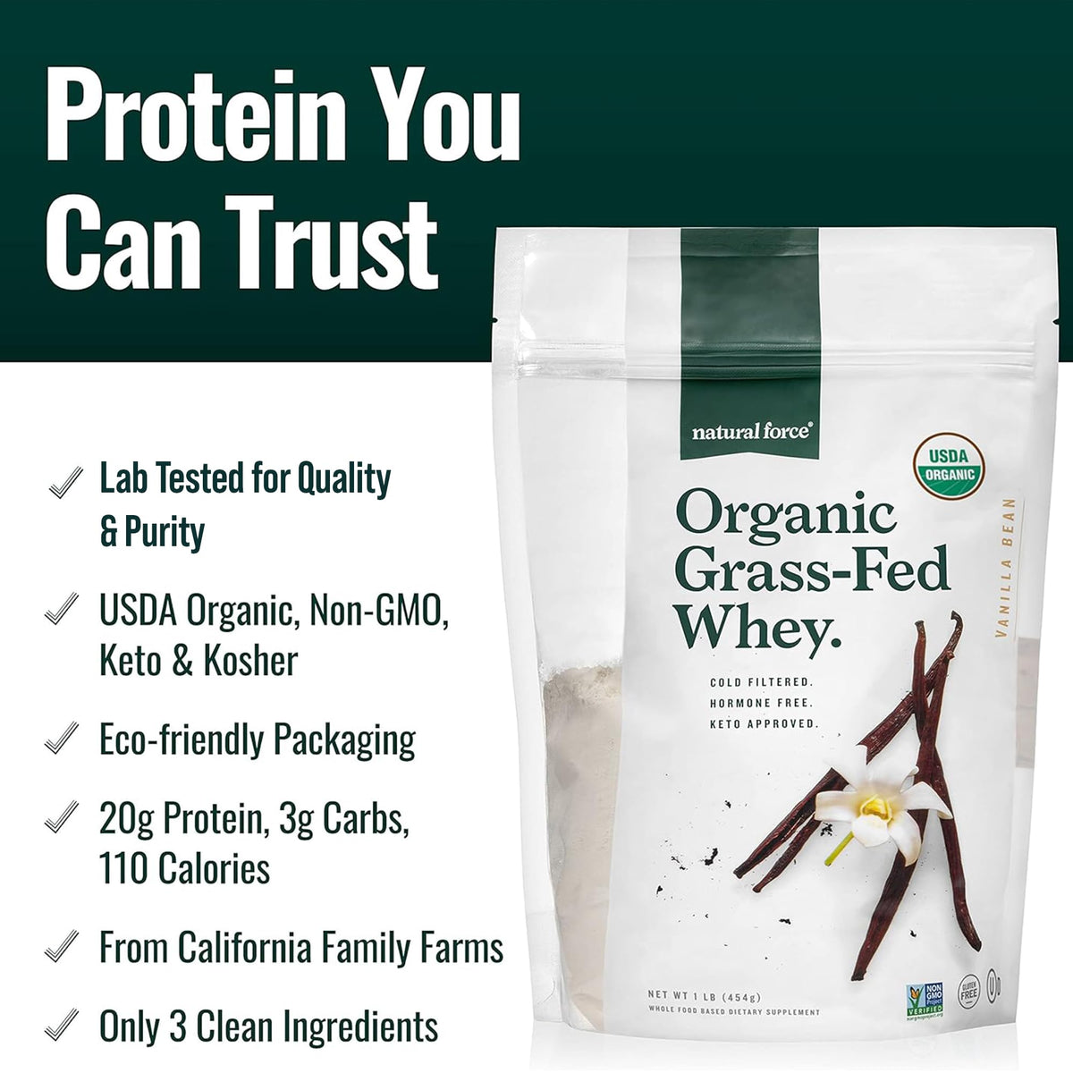 Natural Force Grass Fed Organic Whey Protein Powder Vanilla - 16 oz - image 2