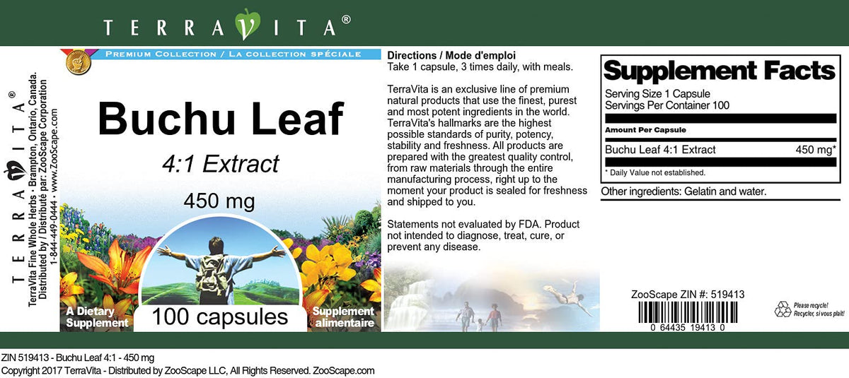 Terravita Buchu Leaf 4:1 Extract 450 mg - 300 Capsules - image 2