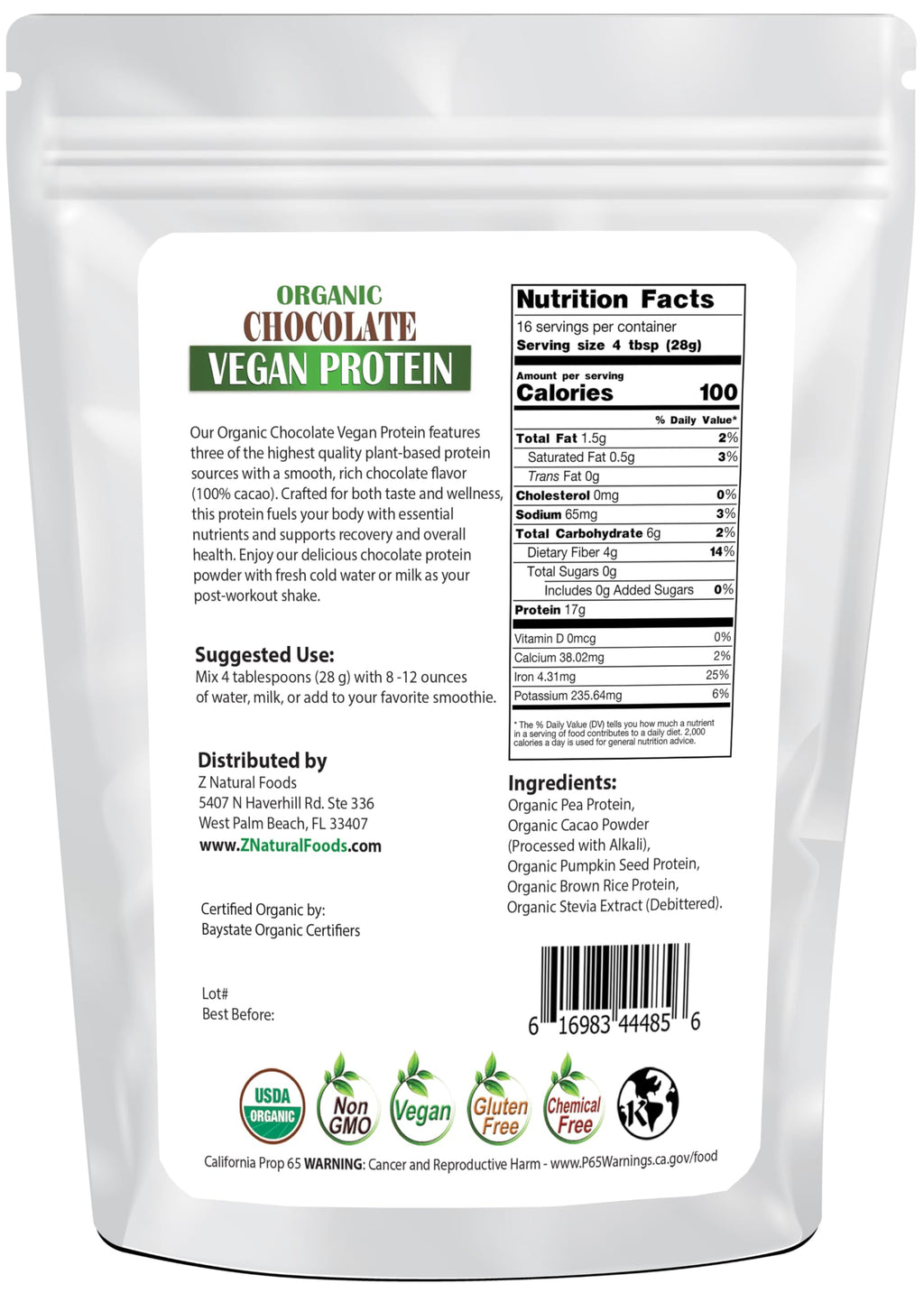 Z Natural Foods Organic Chocolate Vegan Protein Powder - 16 oz - image 2