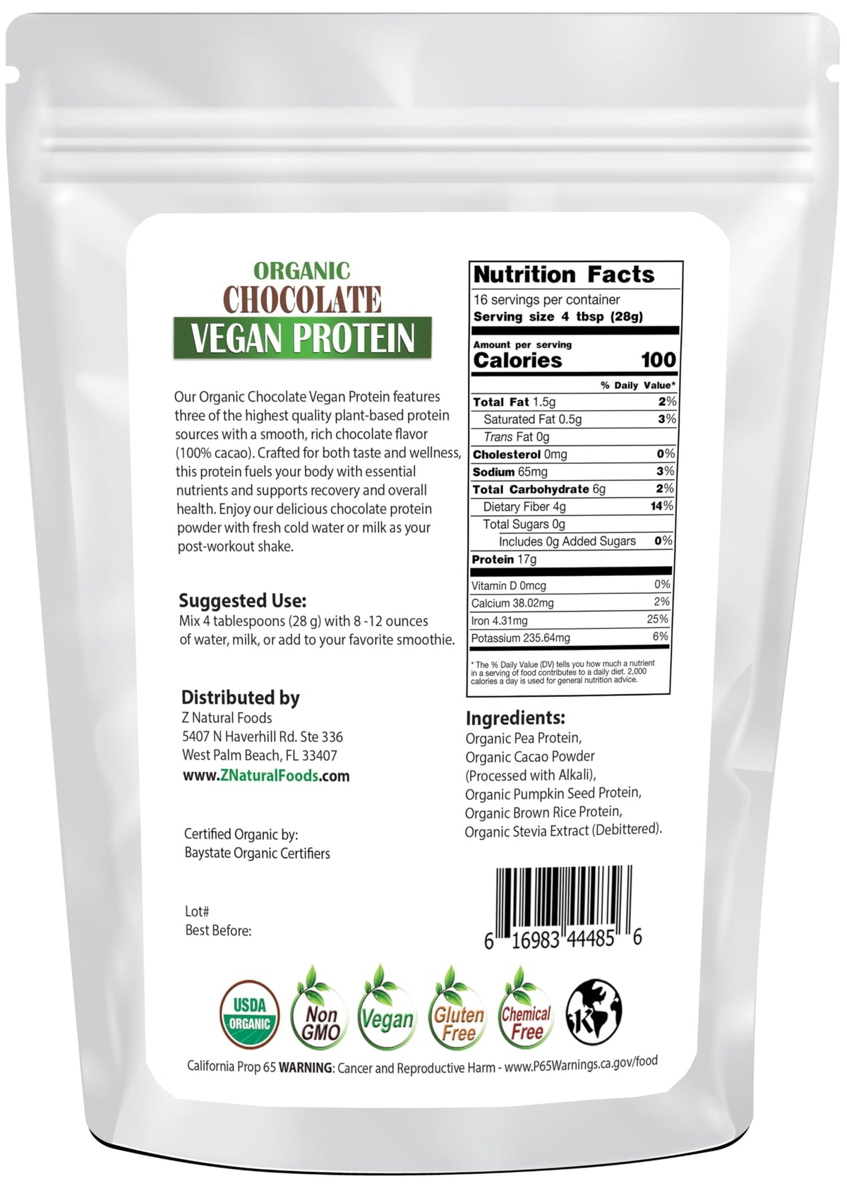 Z Natural Foods Organic Chocolate Vegan Protein Powder - 16 oz - image 2