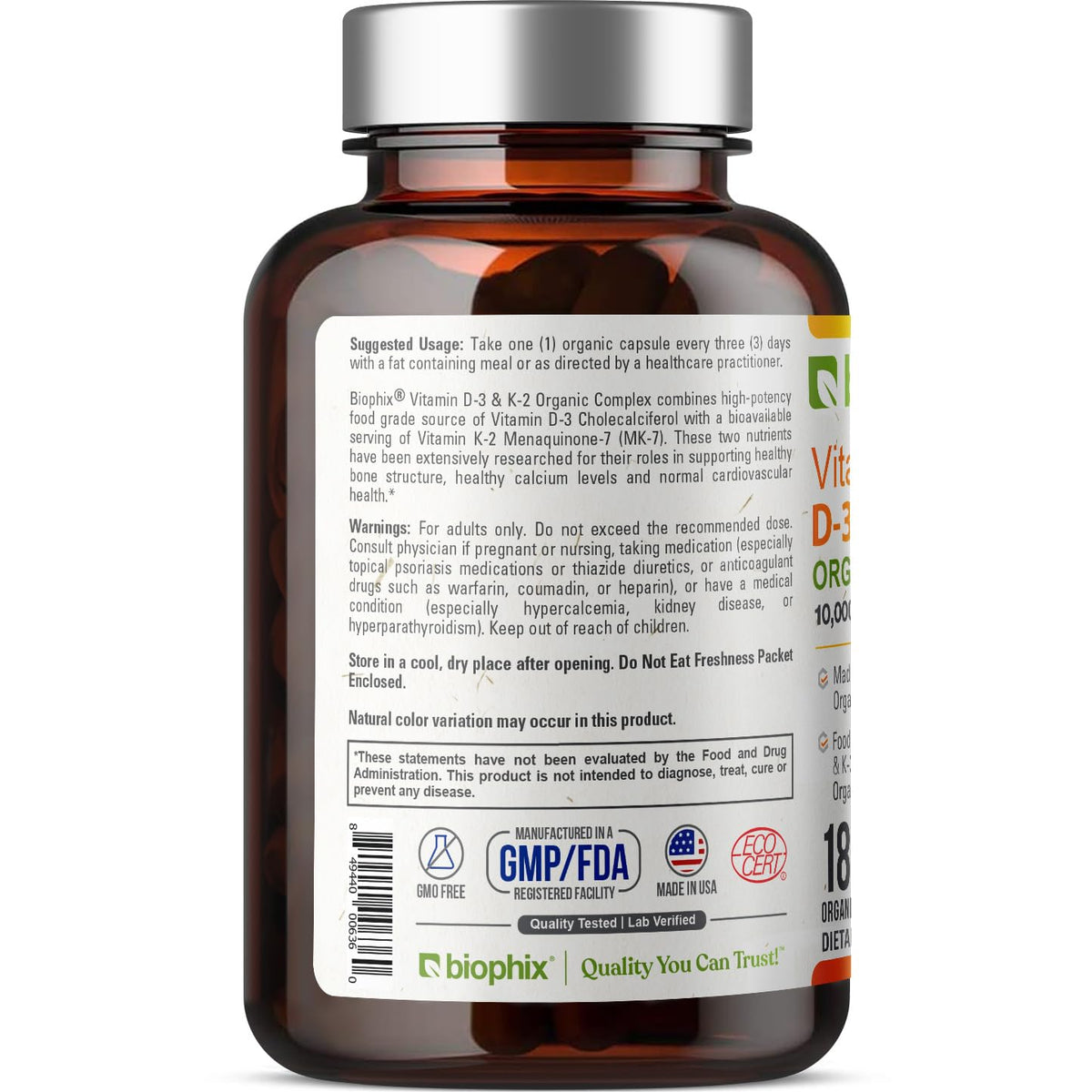 biophix Organic Vitamin D-3 K2 Turmeric - 180 Vegetarian Capsules - image 8