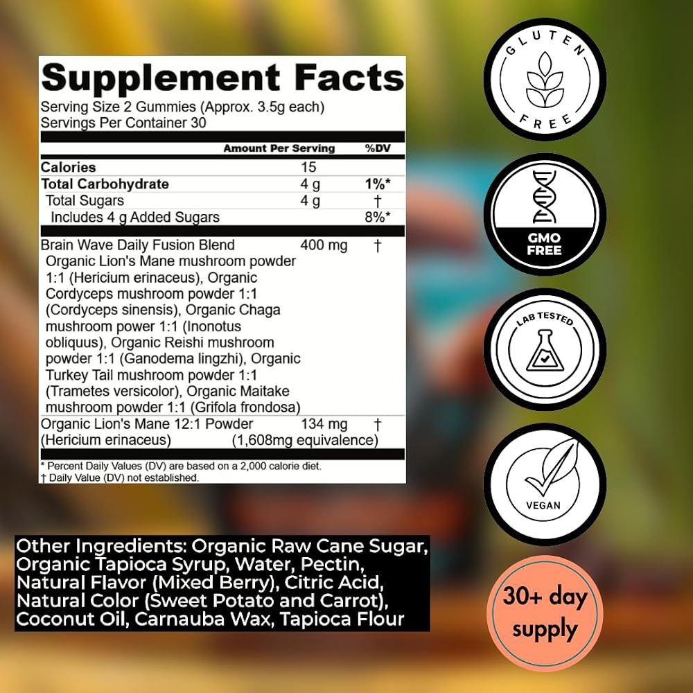 BRAIN WAVE Superfood Mushroom Gummies for Focus and Energy - 60 Count - image 5