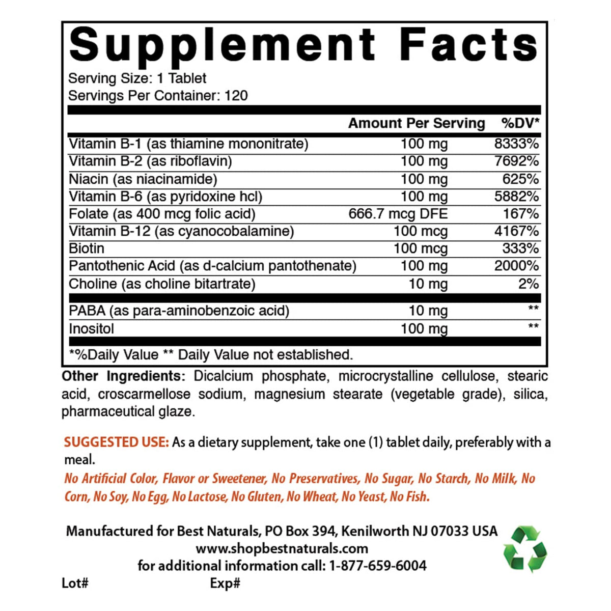 Best Naturals B-100 Complex 120 Tablets (Time Released)
