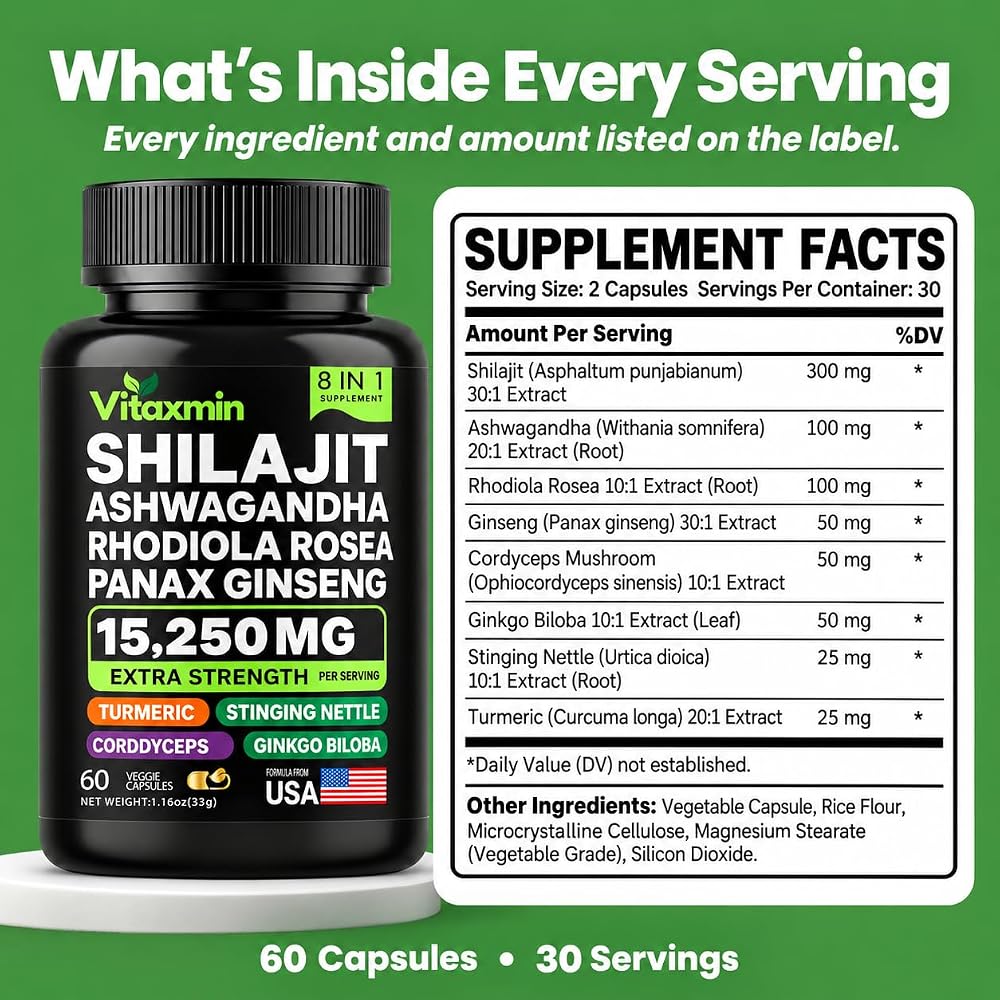 vitaxmin Shilajit Ashwagandha Capsules with Rhodiola & Ginseng - 60 Capsules - image 4