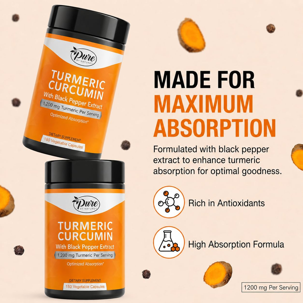 Pure By Nature Turmeric with Black Pepper 95% Curcuminoids - 180 Capsules - image 3