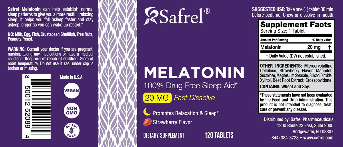 Safrel Melatonin 20mg Fast Dissolve Tablets Sleep Support - 120 Count - image 5