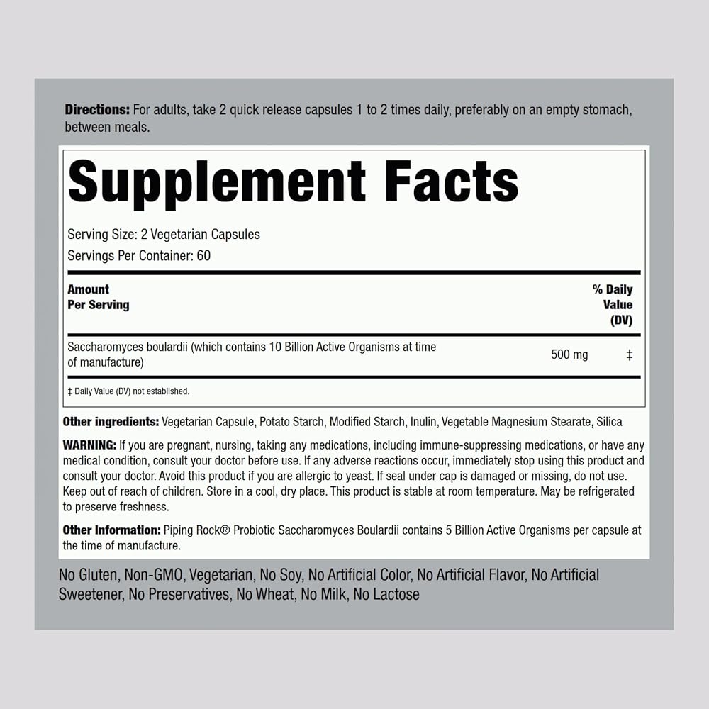 Piping Rock Saccharomyces Boulardii Probiotic 5 Billion CFU - 120 Capsules - image 2