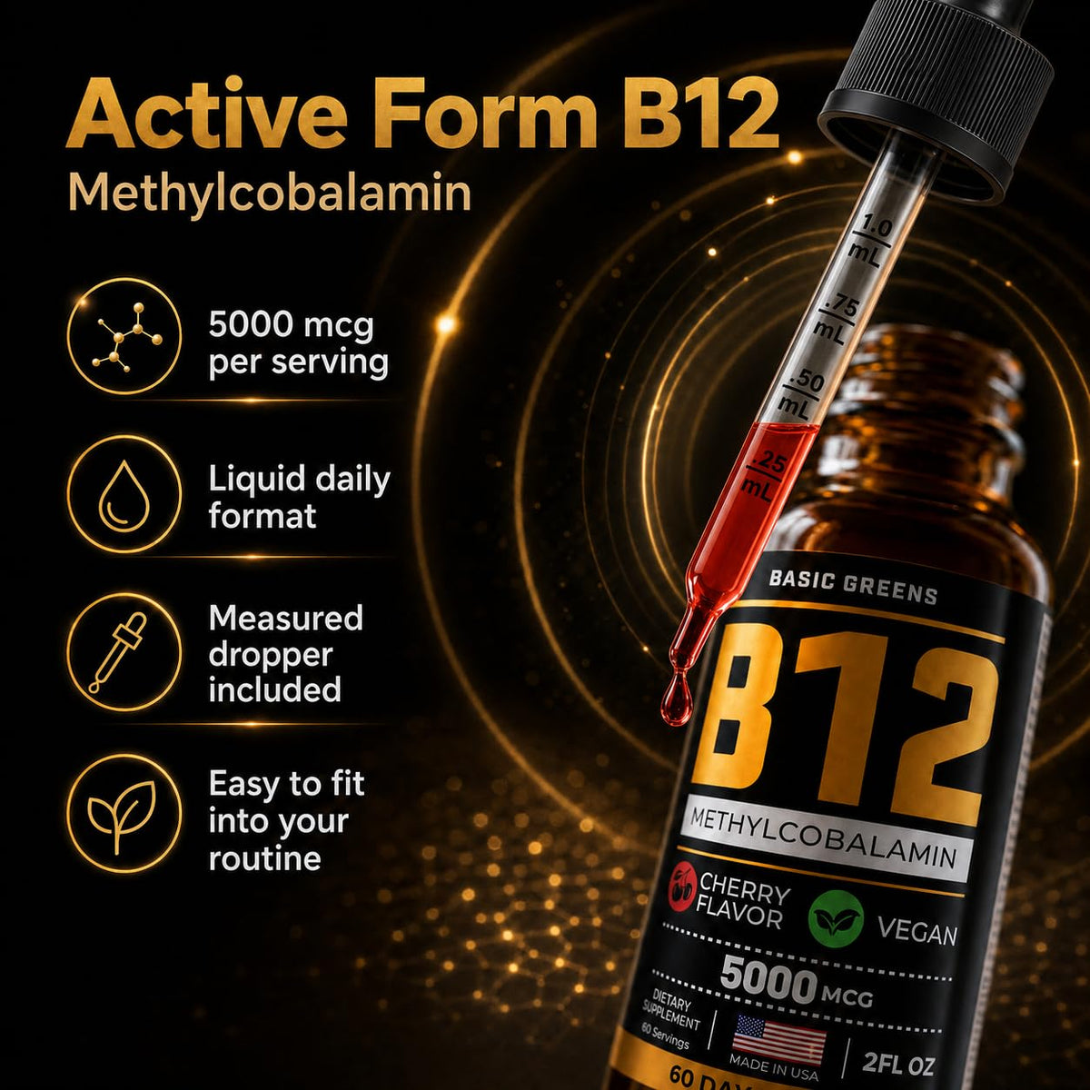 BASIC GREENS B12 Liquid Drops Sublingual Methylcobalamin Formula