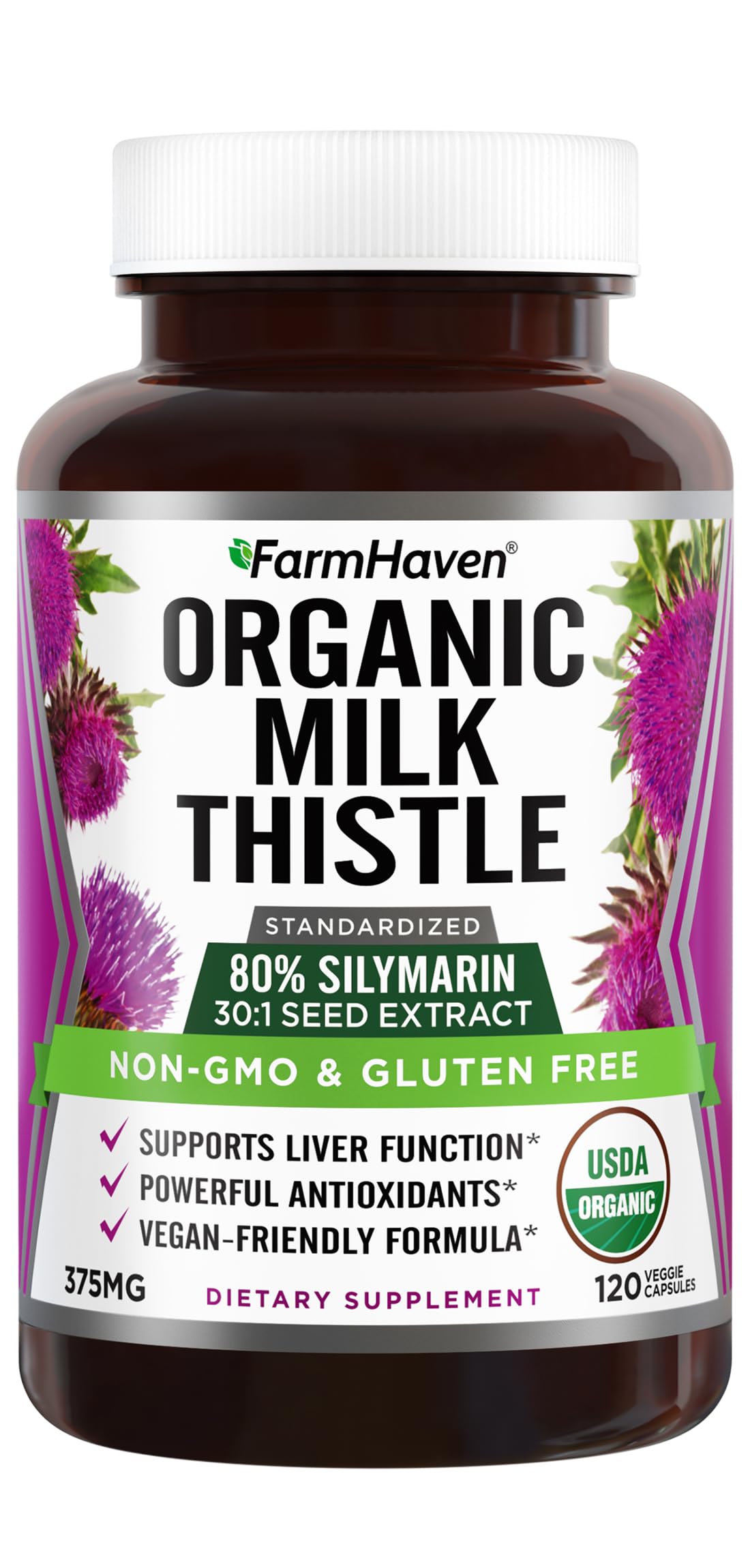 FarmHaven USDA Organic Milk Thistle 80% Silymarin - 120 Capsules